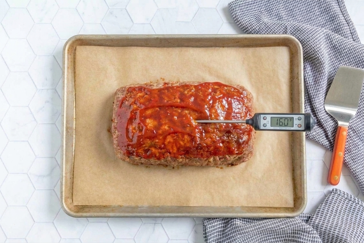 An instant-read thermometer inserted into the center of a baked meatloaf on a pan
