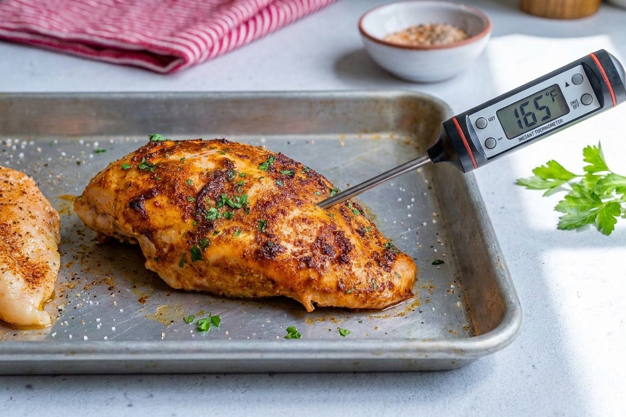 An instant-read thermometer inserted into the thickest part of a baked chicken breast on a sheet pan