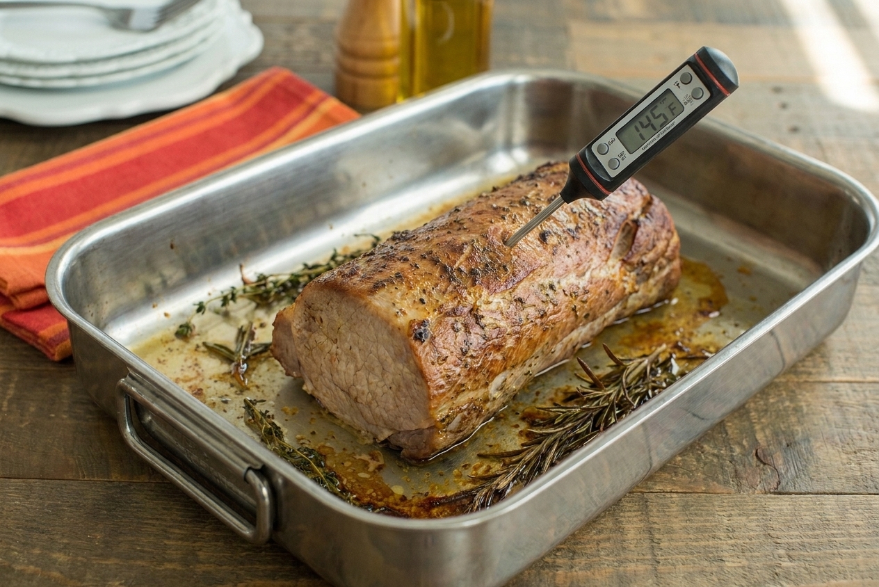 An instant-read thermometer inserted into the thickest part of a browned pork loin roast in a roasting pan
