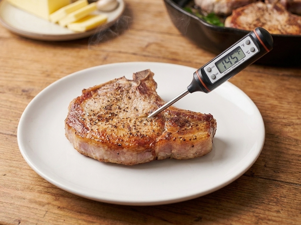 An instant-read thermometer inserted into the thickest part of a pork chop showing a safe finishing temperature