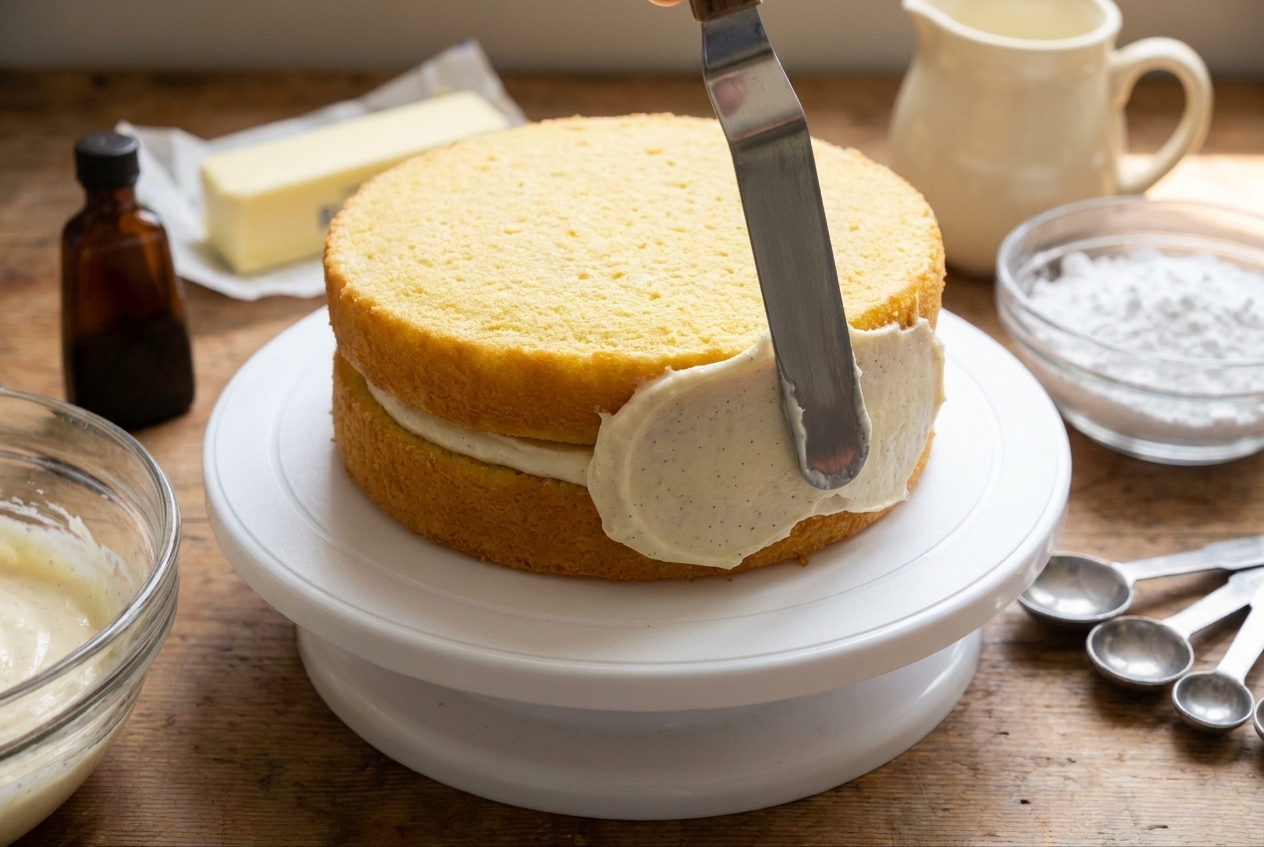 An offset spatula spreading smooth vanilla buttercream over the side of a simple two-layer cake on a turntable