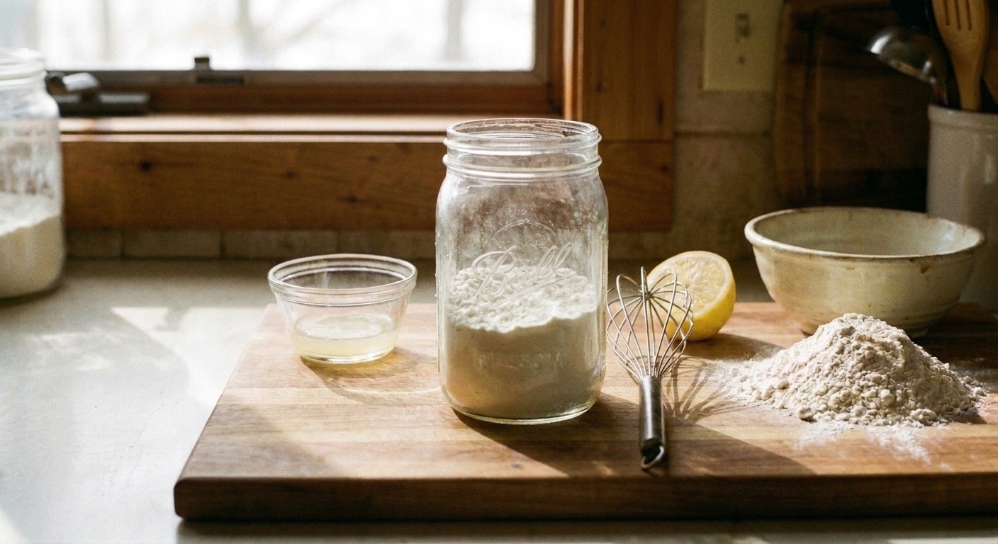 An open container of powdered buttermilk on a counter next to flour, a whisk, and a mixing bowl