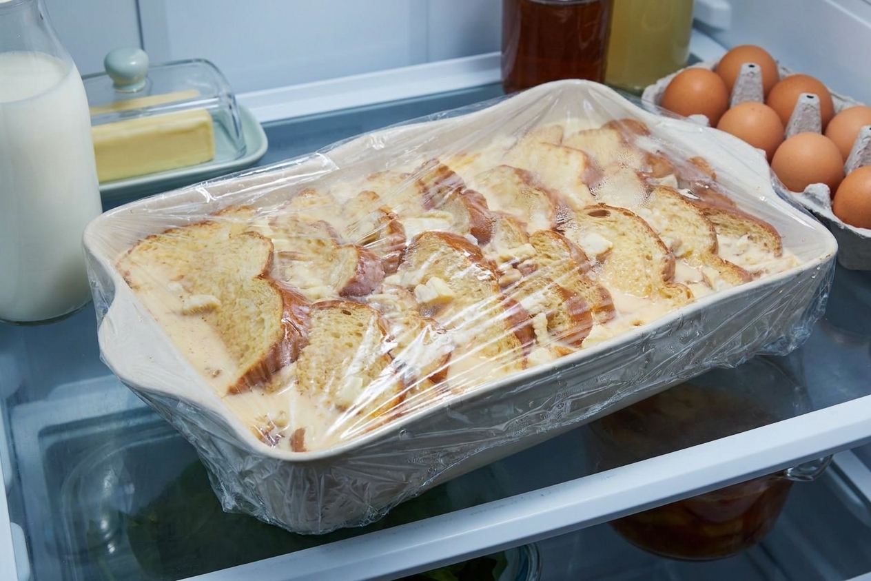 An unbaked French toast casserole covered in plastic wrap in a refrigerator, with bread cubes visibly soaking in custard