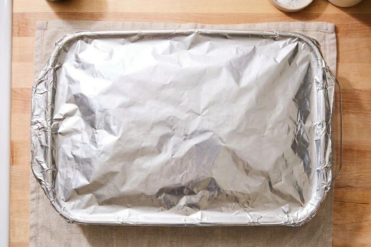 An unbaked assembled ziti casserole wrapped tightly with foil on a kitchen counter ready for the freezer