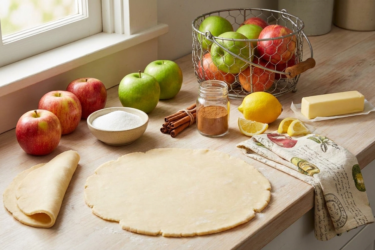 Apples, sugar, cinnamon, lemon, butter, and two pie crust rounds arranged on a bright kitchen counter
