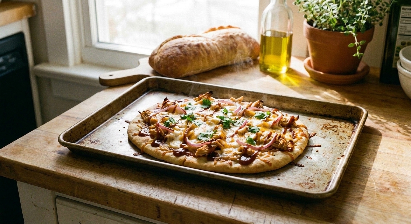 BBQ chicken flatbread on a sheet pan with melted cheese and sliced red onion