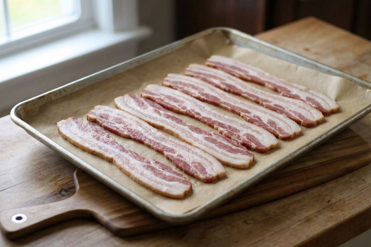 Bacon strips laid flat on a parchment-lined baking sheet ready to go into the oven