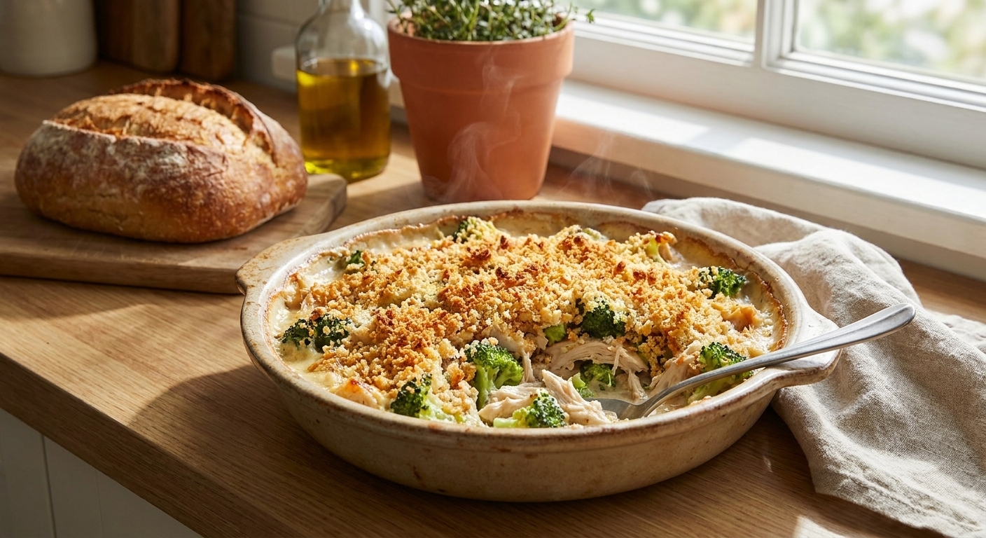 Baked chicken and broccoli casserole in a ceramic dish with a golden crumb topping