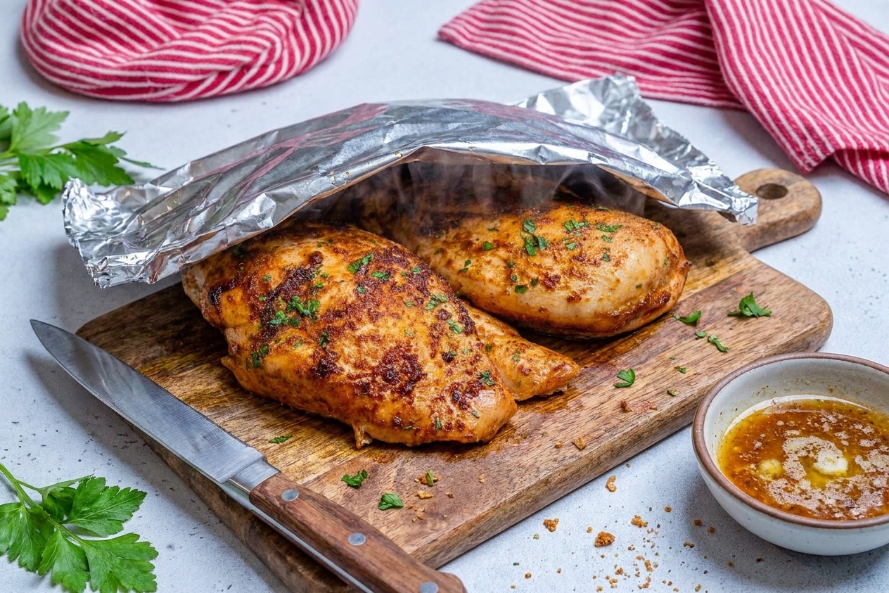 Baked chicken breasts resting on a wooden cutting board with foil loosely tented, with a chef's knife and a small bowl for juices nearby