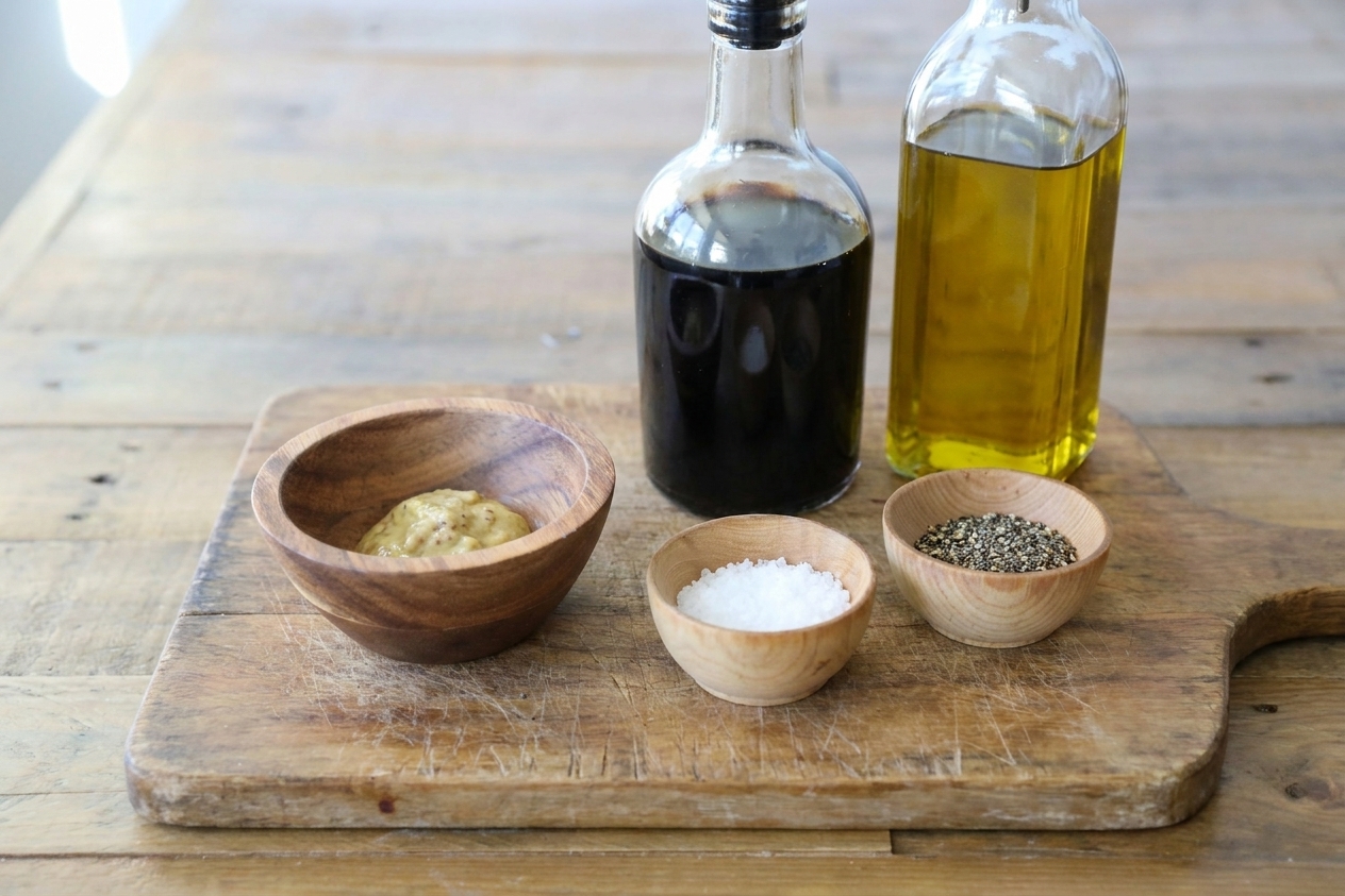 Balsamic vinegar, extra-virgin olive oil, Dijon mustard, salt, and black pepper arranged on a wooden cutting board