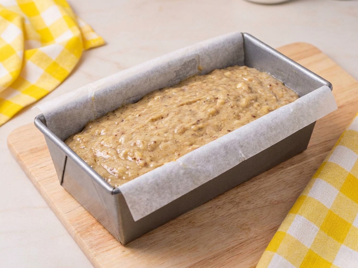 Banana bread batter smoothed in a parchment-lined loaf pan on a countertop