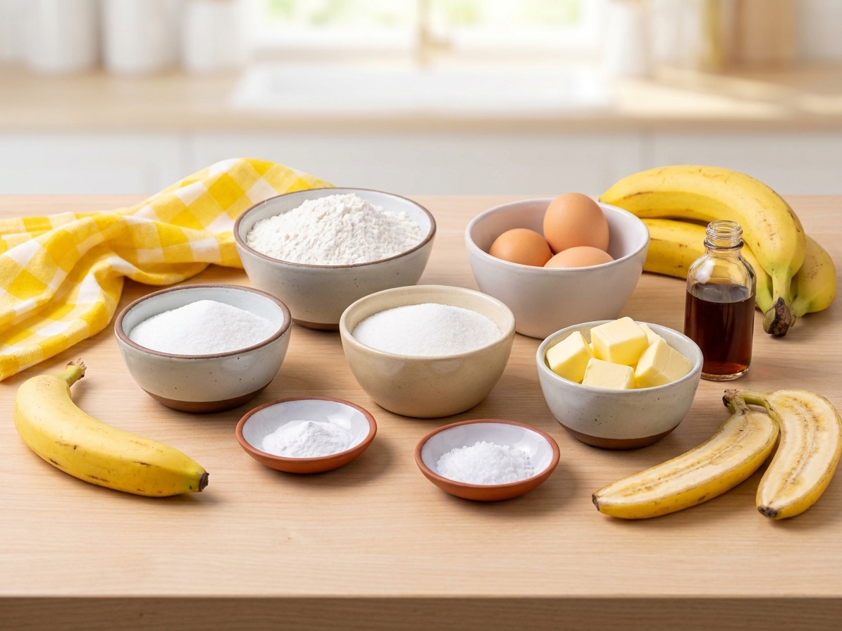 Bananas, flour, sugar, eggs, butter, baking soda, salt, and vanilla arranged on a bright kitchen counter in small bowls