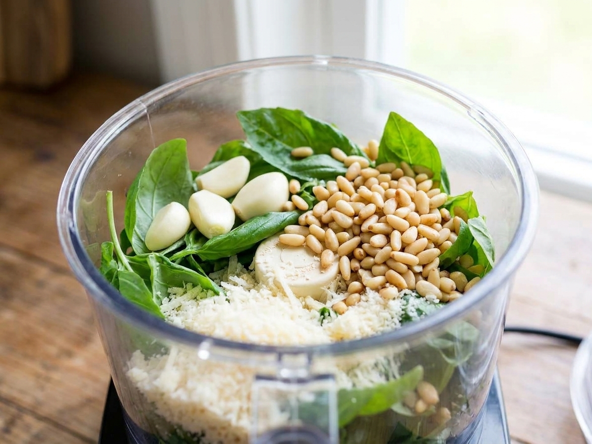 Basil, garlic, pine nuts, and grated Parmesan in a food processor bowl right before blending