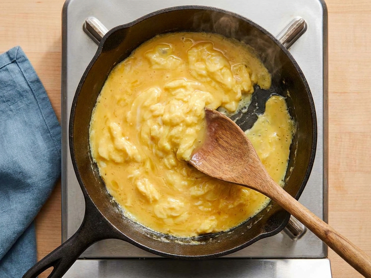Beaten eggs being scrambled in a hot skillet with a wooden spoon, just set into soft curds on a stovetop