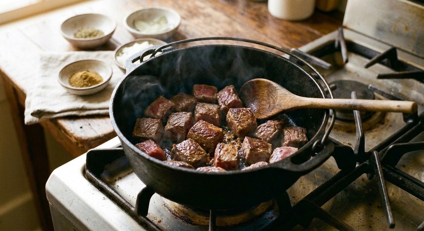 Beef chuck cubes browning in a Dutch oven with deep golden edges, a wooden spoon nearby