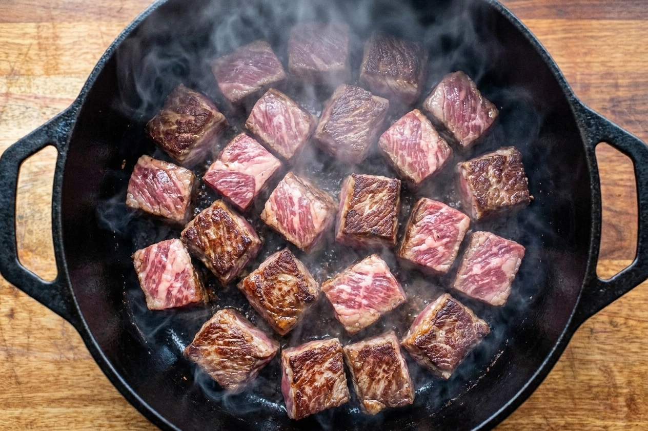 Beef cubes being seared in a single layer in a hot Dutch oven, with deep brown crust forming on the edges and steam rising