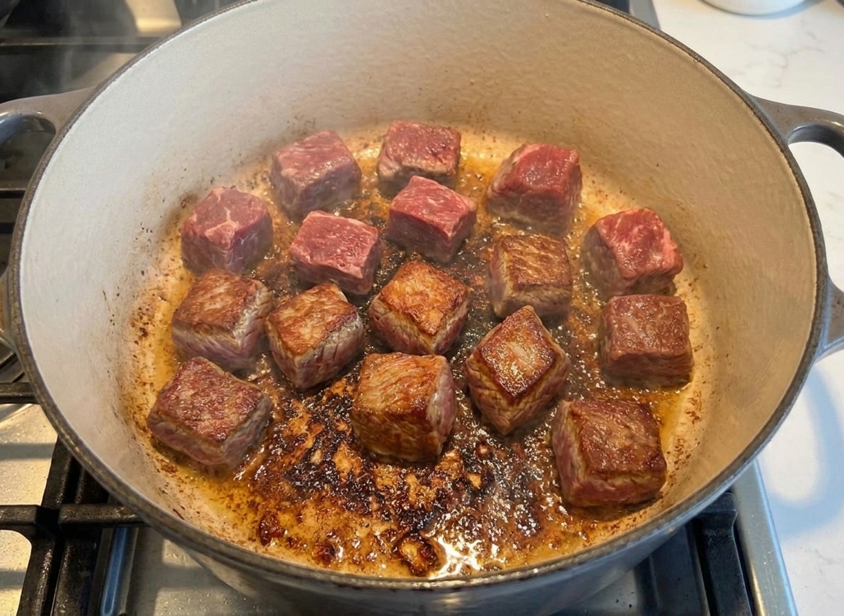 Beef cubes browning in a heavy Dutch oven with a deep golden crust forming on the bottom of the pot