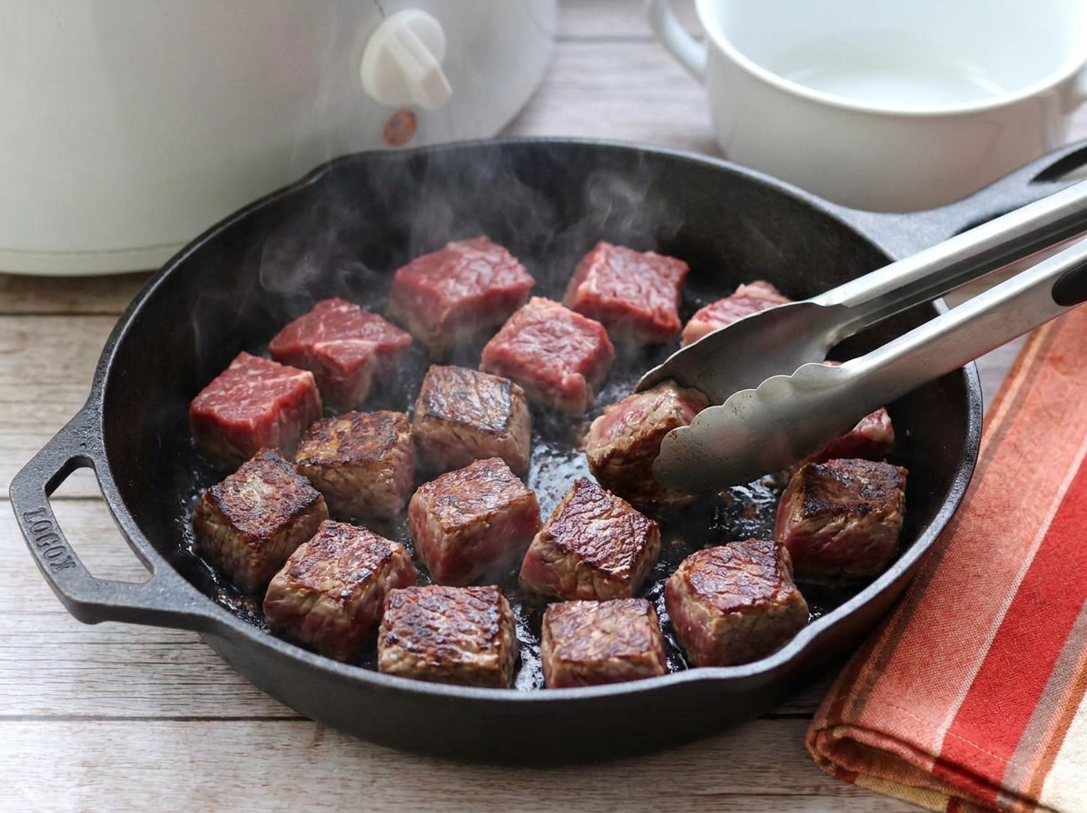 Beef cubes browning in a hot skillet with a caramelized crust forming on the surface