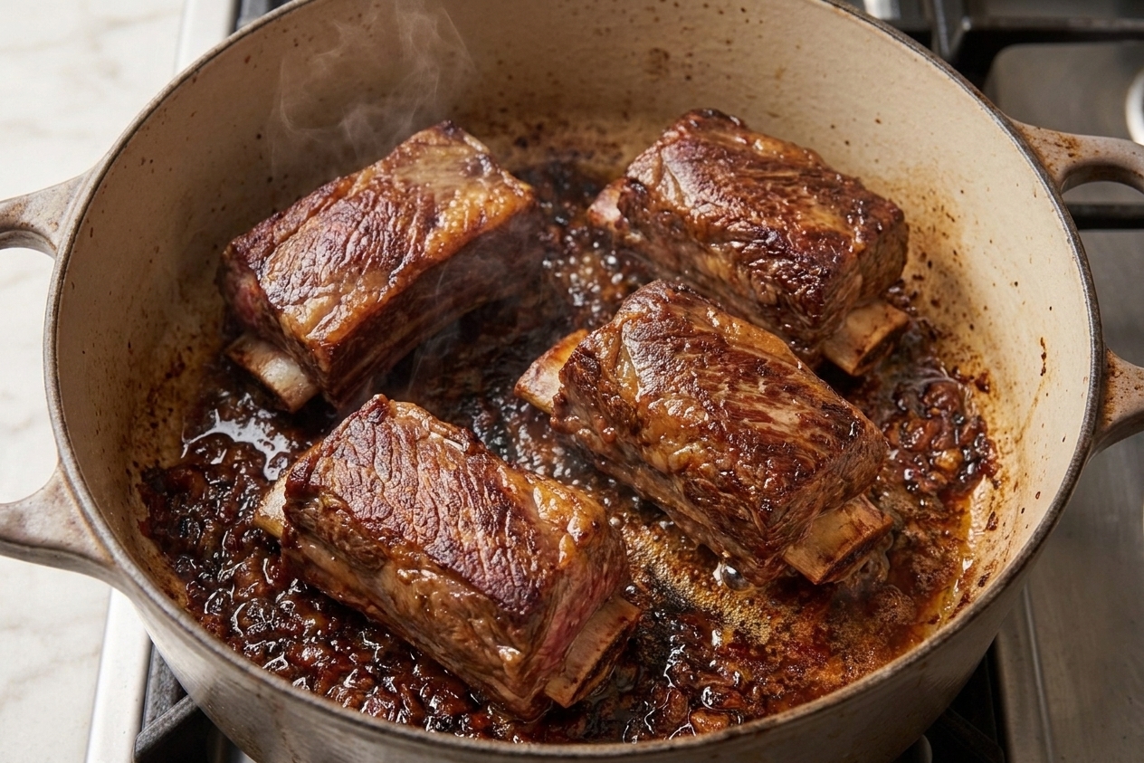 Bone-in short ribs browning in a Dutch oven with caramelized bits on the bottom