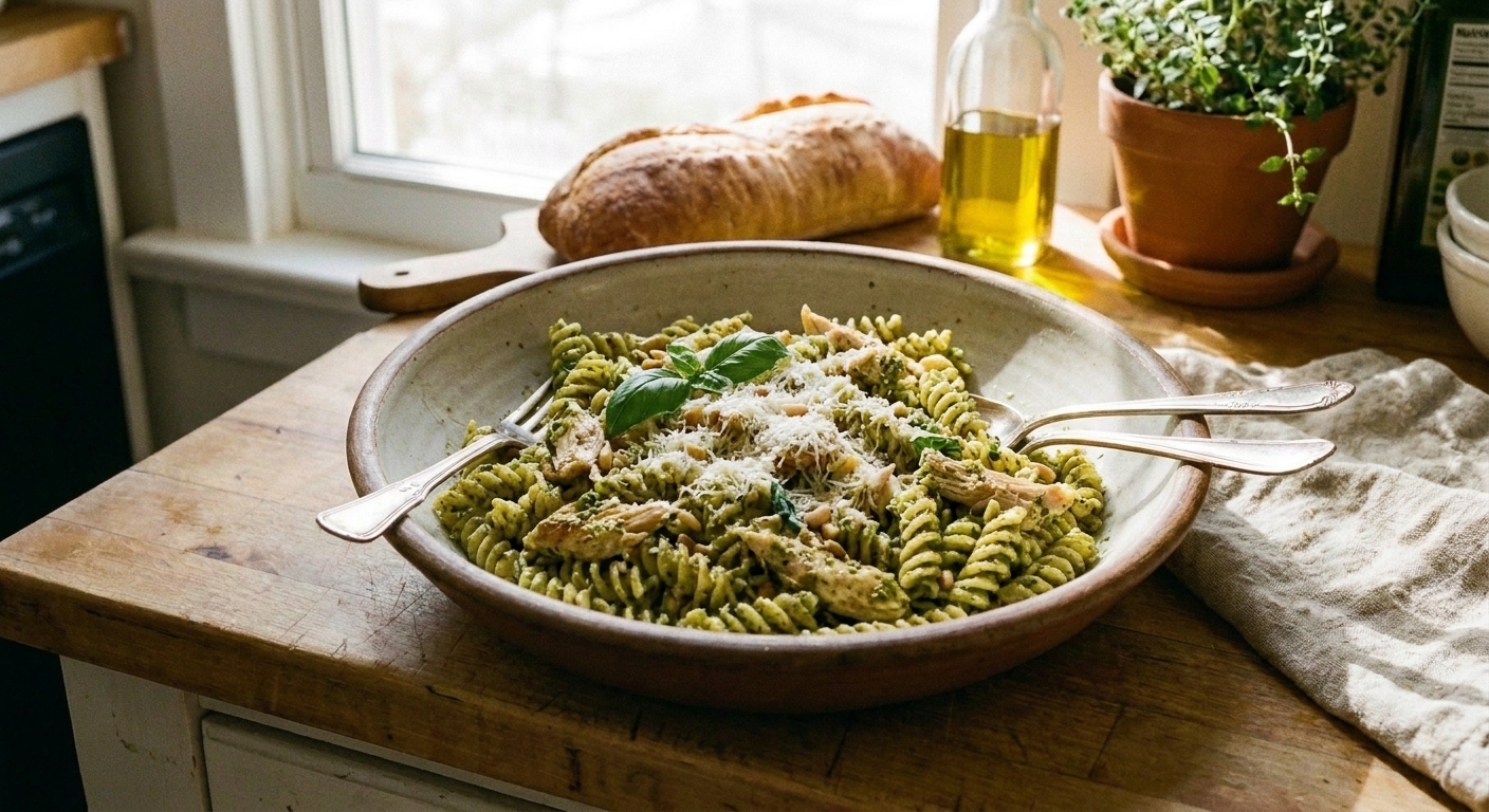Bowl of pasta tossed with pesto and shredded rotisserie chicken with grated Parmesan on top