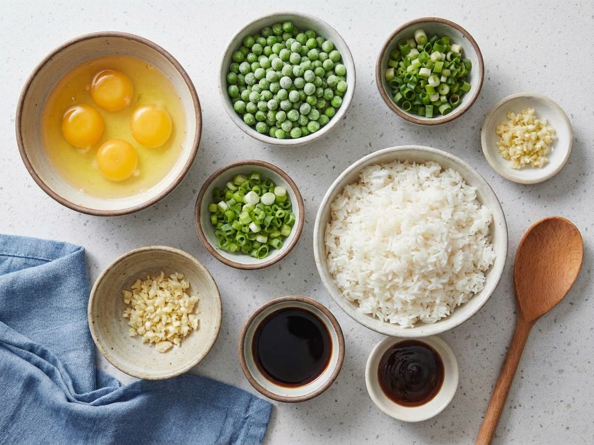 Bowls of cold cooked rice, soy sauce, oyster sauce, eggs, frozen peas, scallions, and minced garlic arranged on a kitchen counter