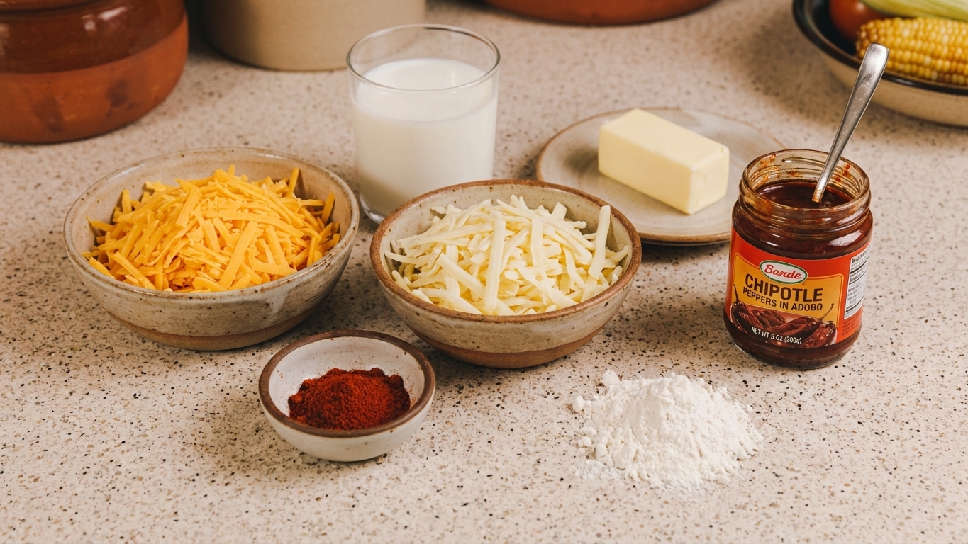 Bowls of shredded cheddar and Monterey Jack with smoked paprika, butter, flour, milk, and chipotle in adobo arranged on a kitchen counter