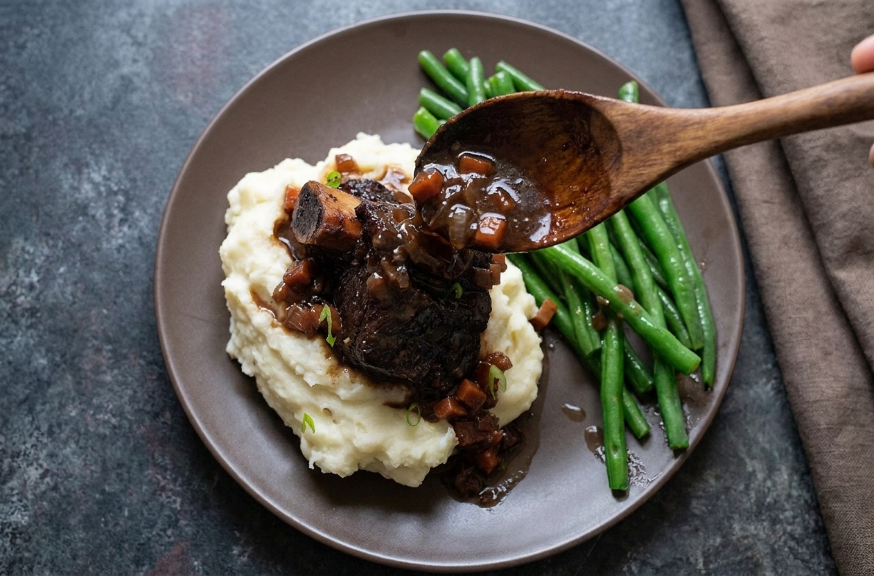 Braised short ribs plated over mashed potatoes with glossy sauce spooned on top
