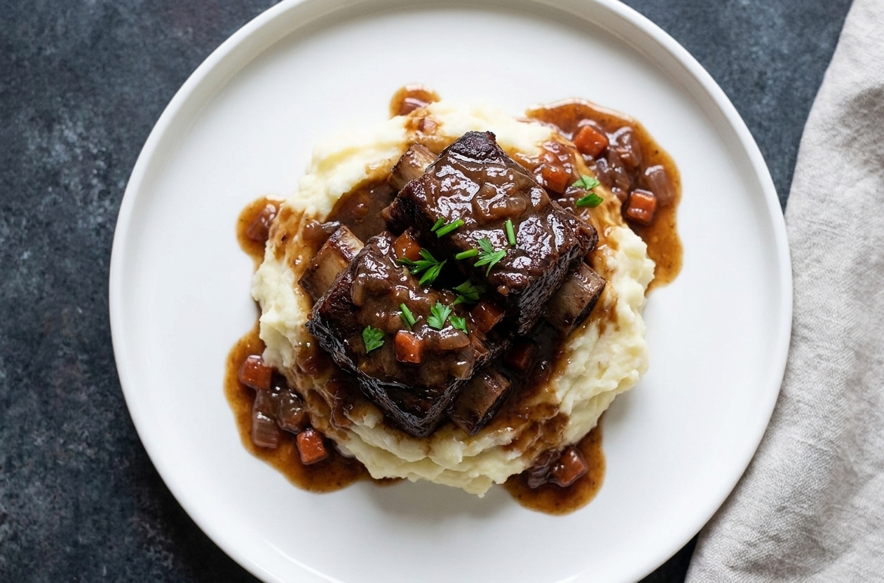 Braised short ribs served over creamy mashed potatoes with sauce spooned on top, on a simple white plate