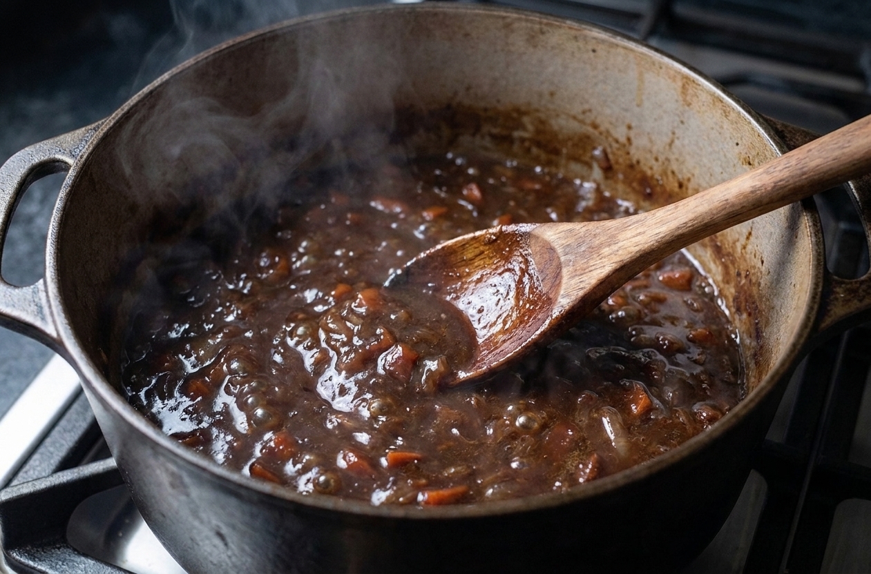 Braising liquid simmering in a pot as it reduces into a glossy sauce, with a spoon stirring