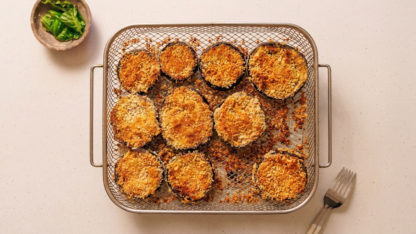 Breaded eggplant rounds in an air fryer basket, browned and crisp on top with a few crumbs scattered