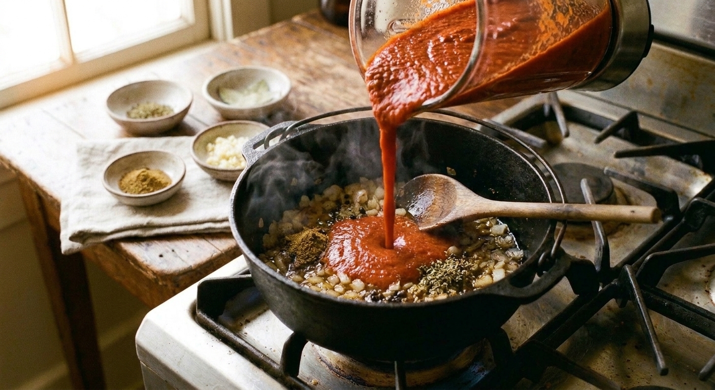Bright red blended chile sauce being poured into a pot with sautéed onions and spices