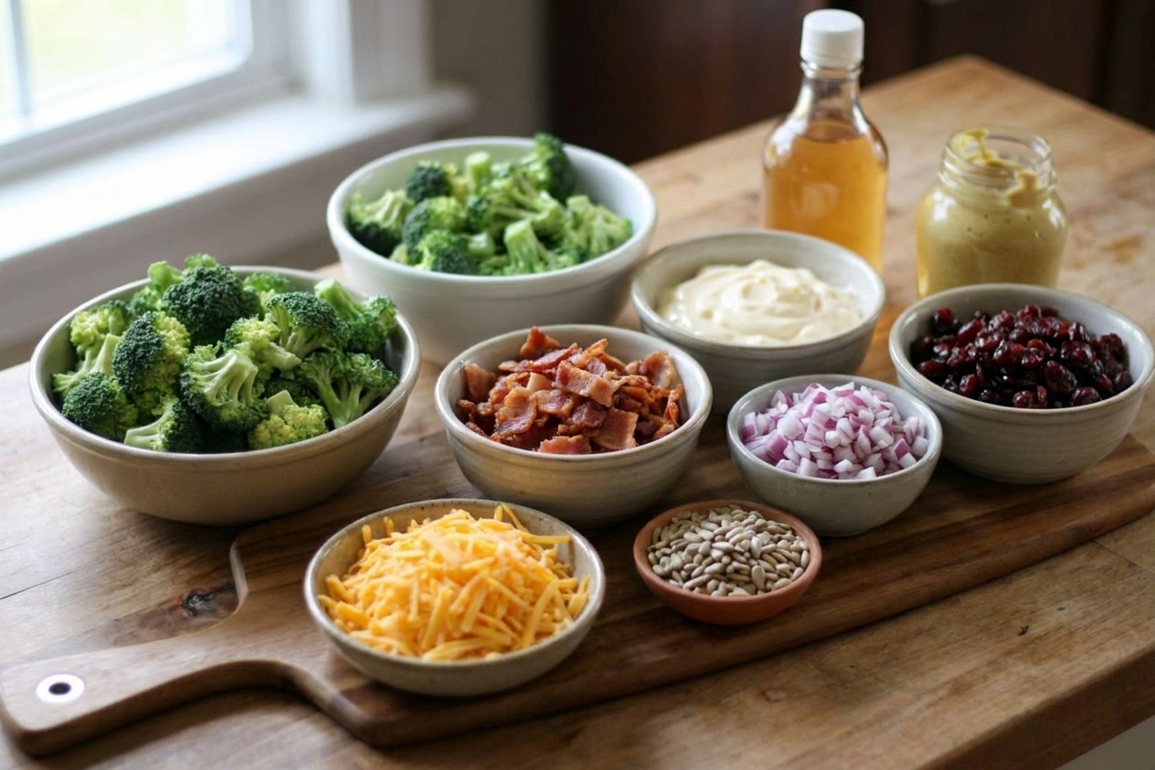 Broccoli florets, cooked bacon, shredded cheddar, red onion, sunflower seeds, dried cranberries, mayonnaise, apple cider vinegar, and mustard arranged on a kitchen counter