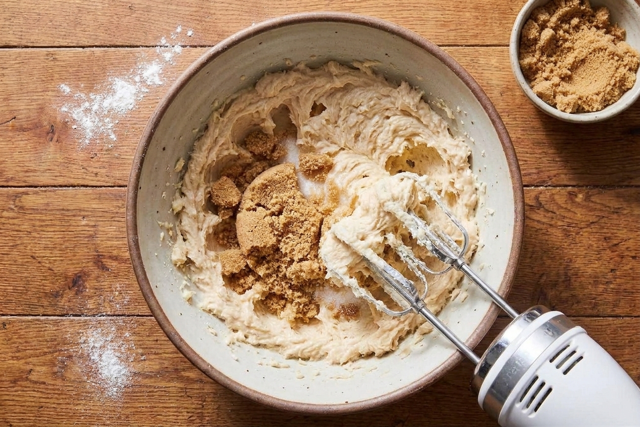 Butter and brown sugar being creamed in a mixing bowl with a hand mixer, showing a fluffy, lightened texture