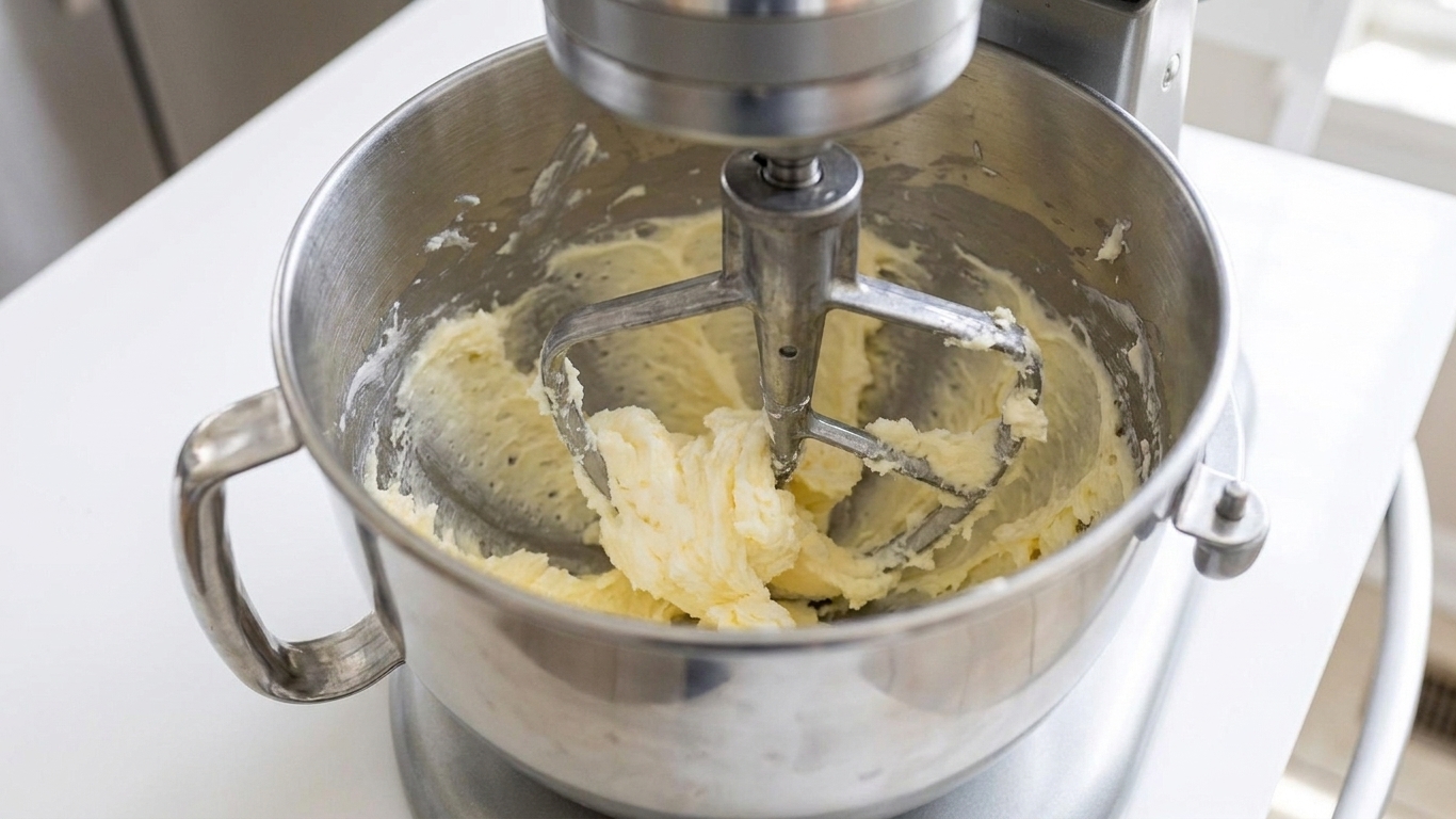 Butter being creamed in a stand mixer bowl with the paddle attachment, mid-mix, on a clean kitchen counter