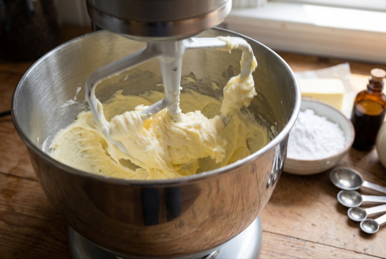 Butter being whipped in a stand mixer bowl with a paddle attachment, turning pale and fluffy