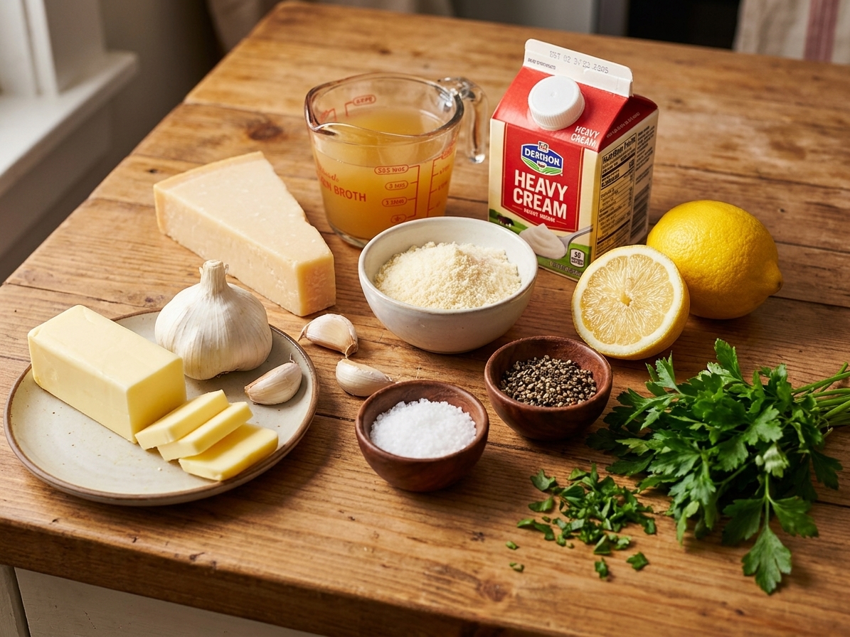 Butter, garlic, Parmesan cheese, chicken broth, heavy cream, lemon, salt, pepper, and parsley arranged on a kitchen counter