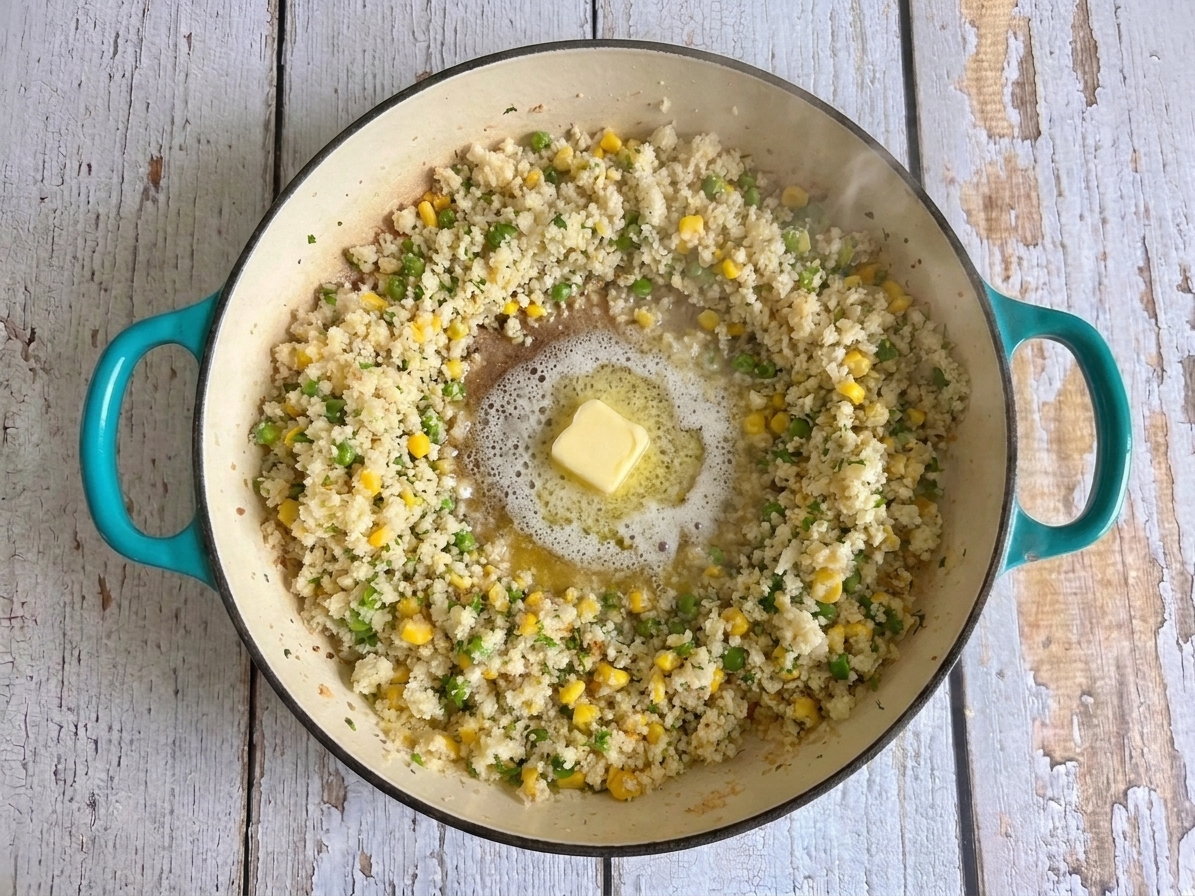 Butter melting in the center of a skillet as cauliflower rice is pushed to the sides