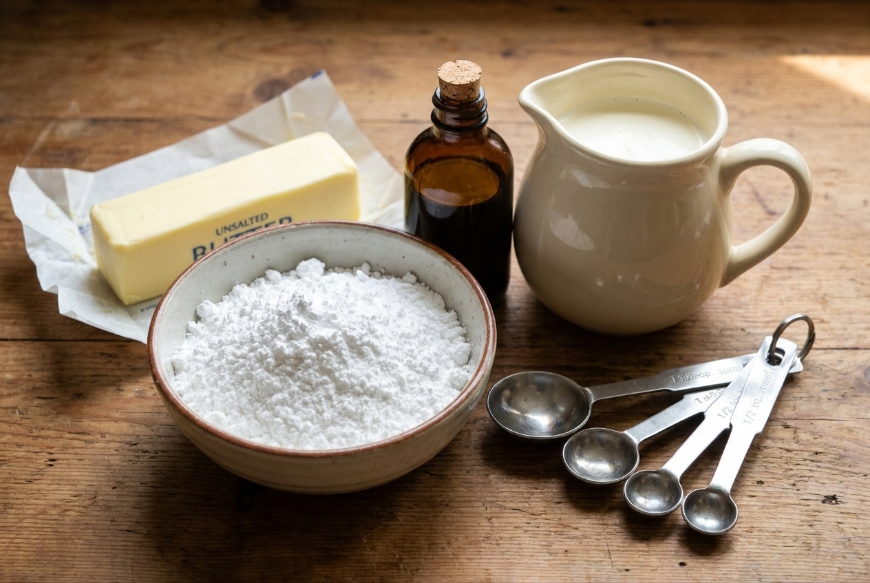Butter, powdered sugar, vanilla extract, and a small pitcher of cream arranged on a kitchen counter with measuring spoons