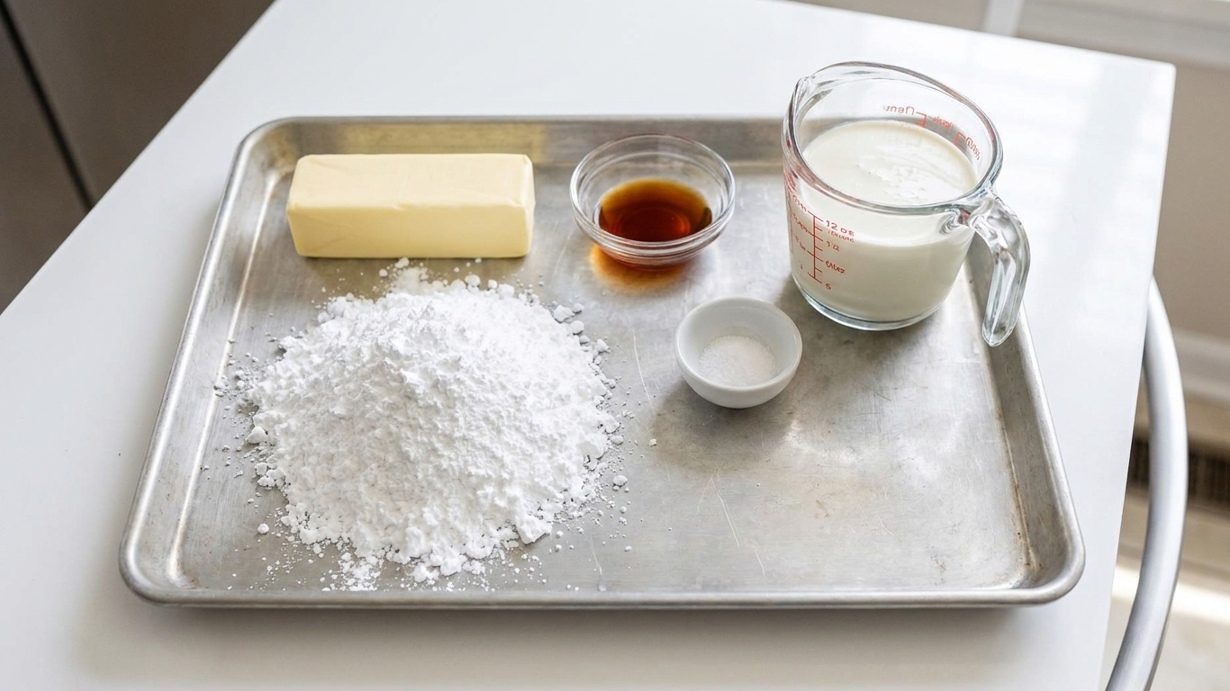 Butter, powdered sugar, vanilla extract, fine salt, and heavy cream measured on a baking tray on a home kitchen counter