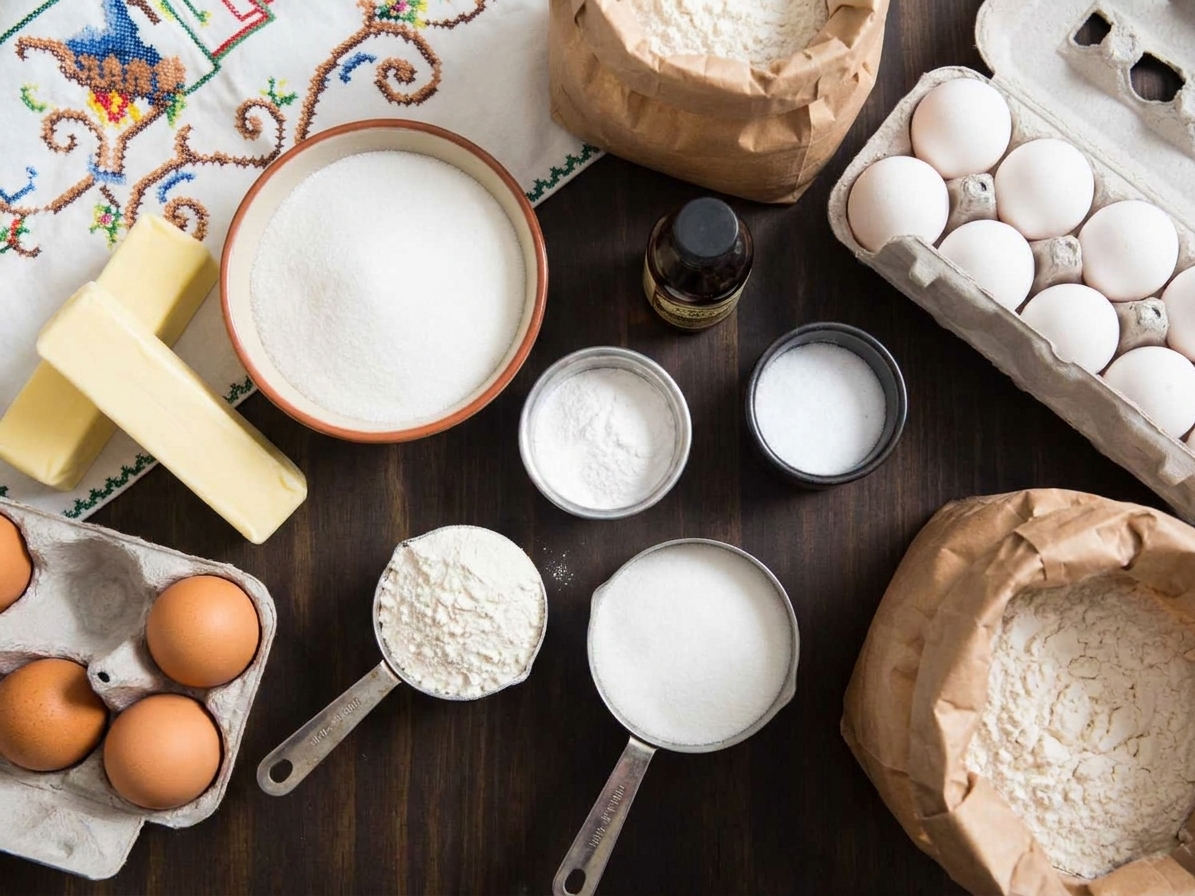 Butter, sugar, eggs, flour, baking powder, salt, and vanilla arranged on a kitchen counter with measuring cups