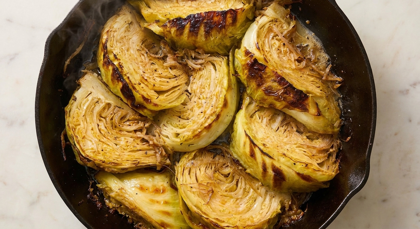 Cabbage wedges searing in a cast iron skillet with browned edges forming and a thin sheen of butter in the pan
