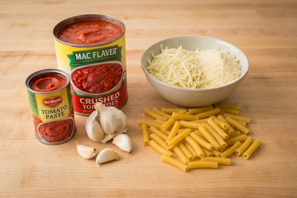 Canned crushed tomatoes, tomato paste, garlic, dried pasta, and shredded cheese arranged on a kitchen counter