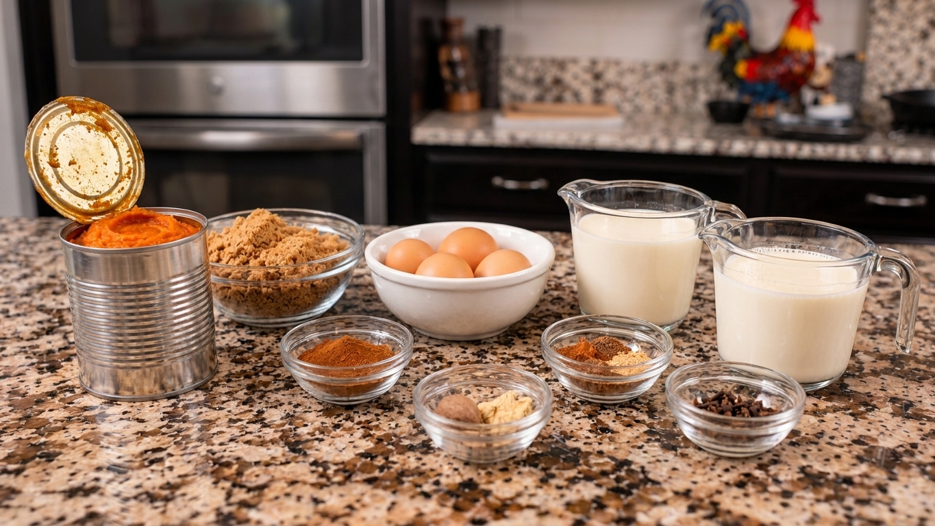 Canned pumpkin, eggs, brown sugar, cream, milk, and warm spices arranged on a kitchen counter before baking