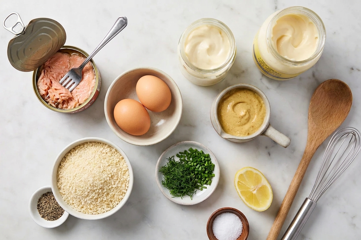 Canned salmon, eggs, mayonnaise, Dijon mustard, breadcrumbs, chopped herbs, lemon, and seasonings arranged on a kitchen counter