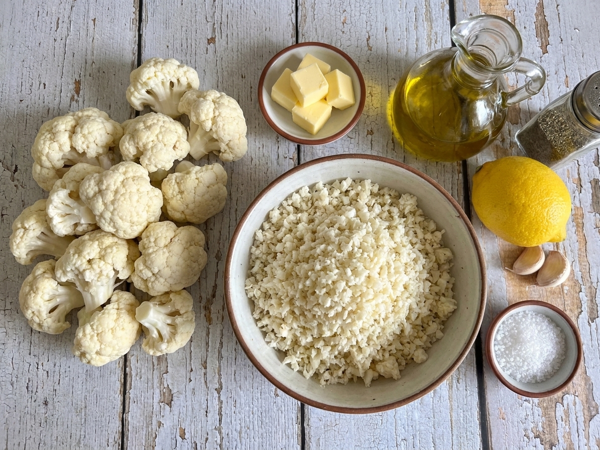 Cauliflower florets, a bowl of riced cauliflower, butter, olive oil, lemon, garlic, salt, and pepper arranged on a kitchen counter