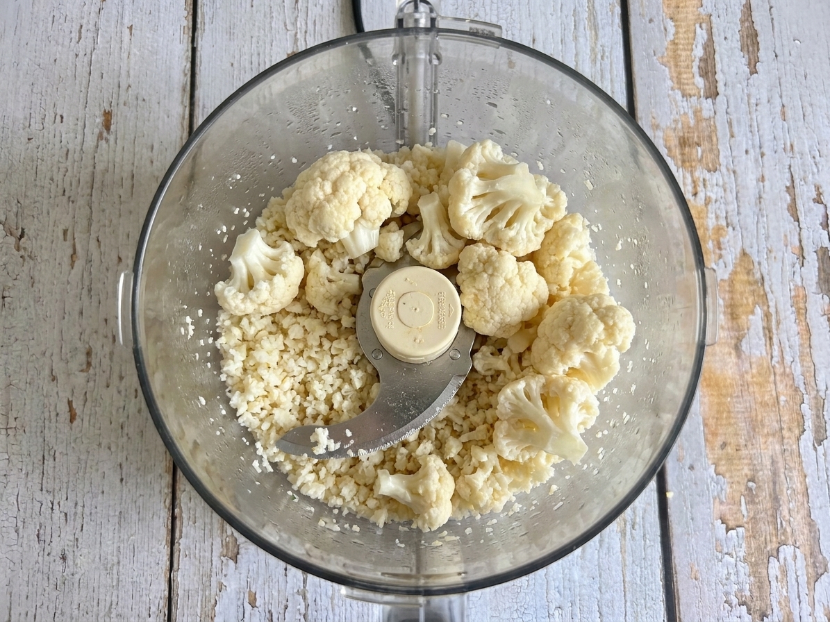 Cauliflower florets being pulsed into rice-sized pieces in a food processor bowl