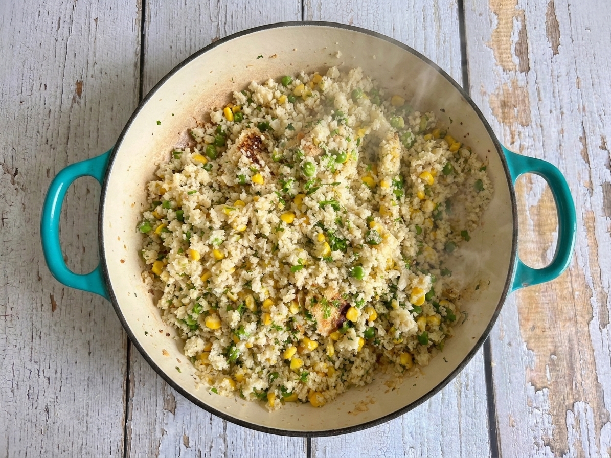 Cauliflower rice cooking dry in a wide skillet with visible steam rising, shot from above