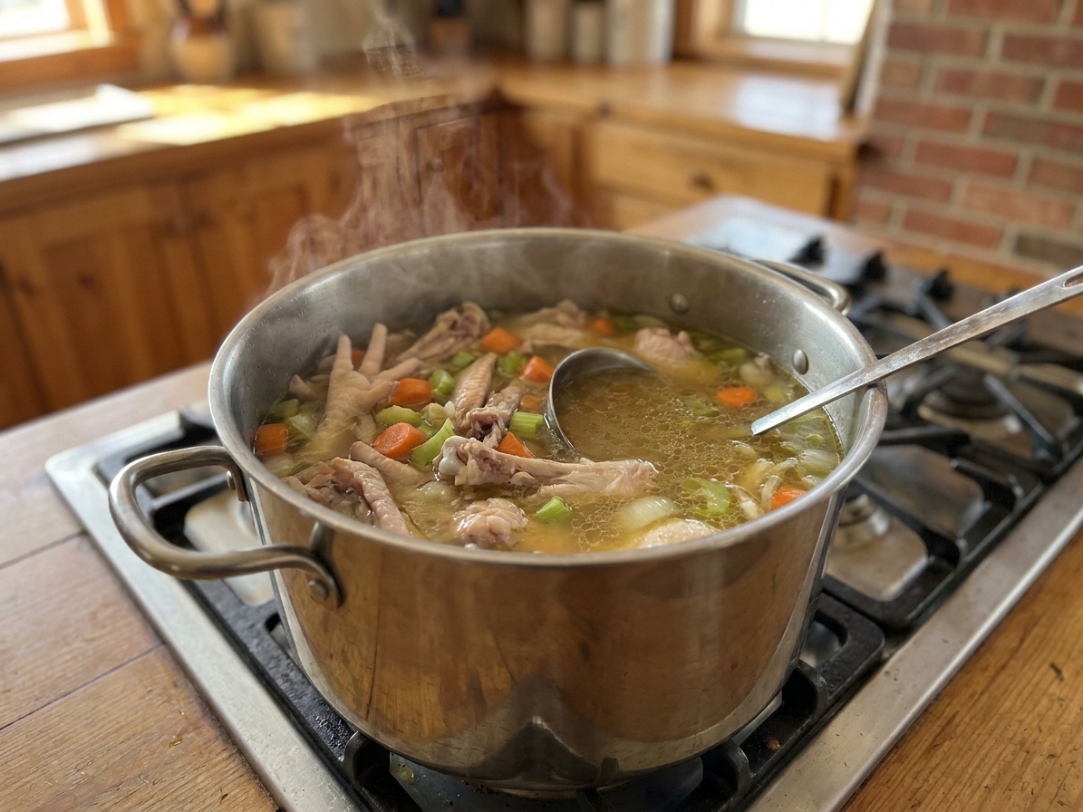 Chicken bones and vegetables gently simmering in a large stainless steel stockpot on a stovetop with small bubbles around the edges