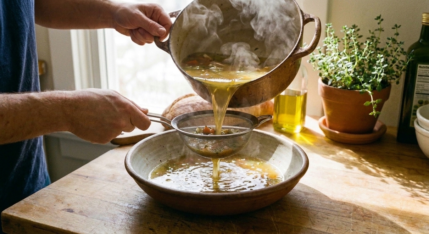 Chicken broth being poured through a fine mesh strainer into a large bowl on a kitchen counter