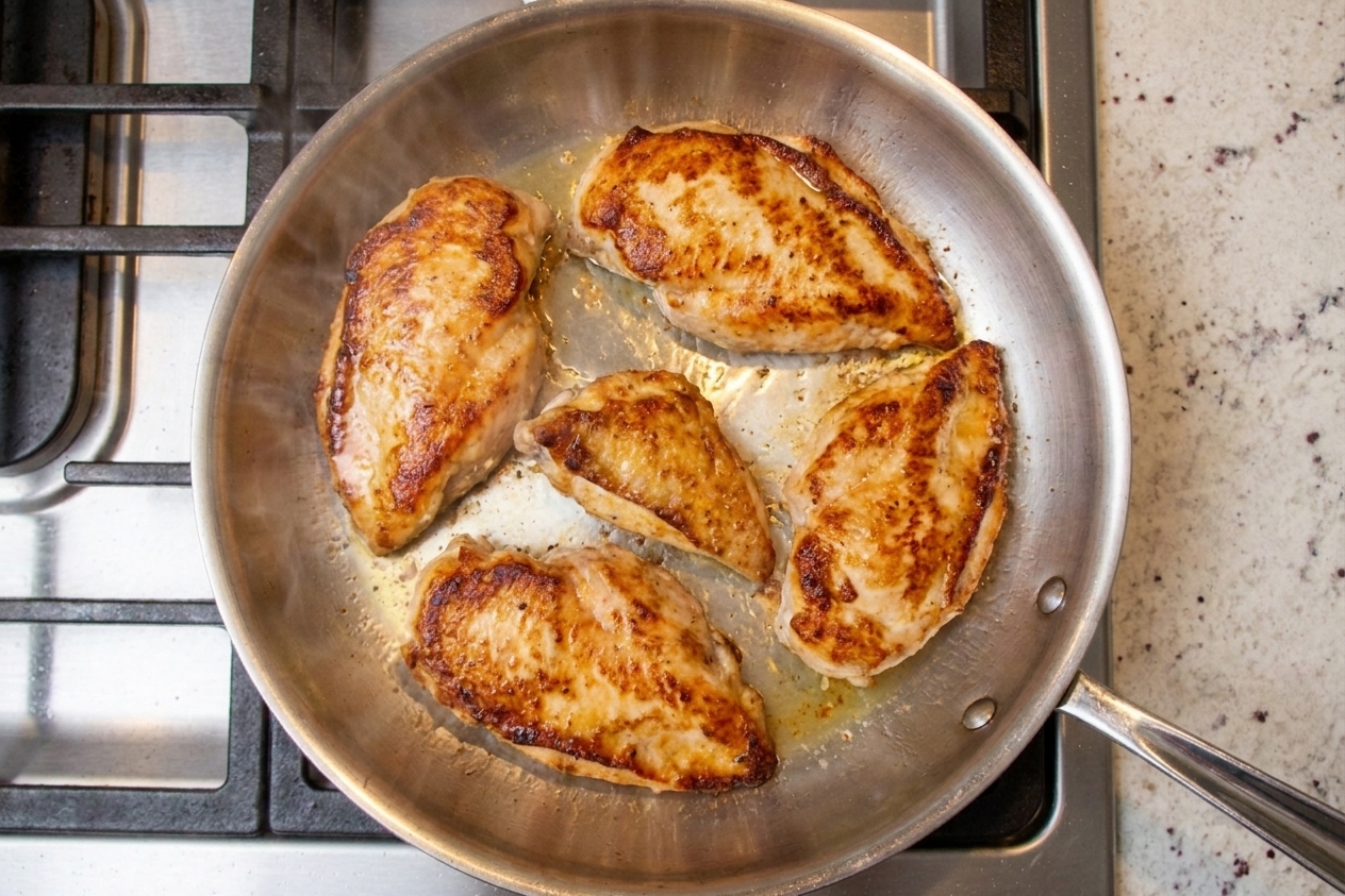Chicken cutlets searing in a stainless steel skillet with browned edges and a thin sheen of oil